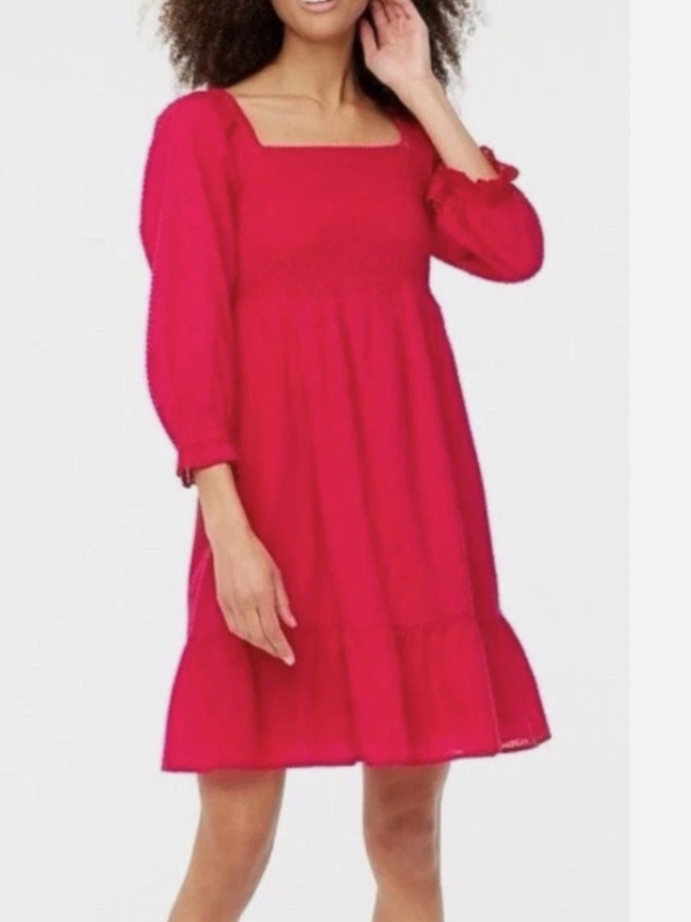 J. Crew Smocked Clip Dot Long Puff Sleeve Mini Dress Red Raspberry Size XL